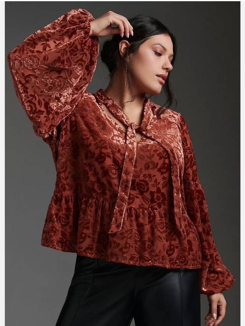 Anthropologie Floral Burnout Velvet Peplum Blouse